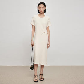 IN AND ON21973水波纹扭结连衣裙女长款优雅气质短袖圆领纯色简约长裙