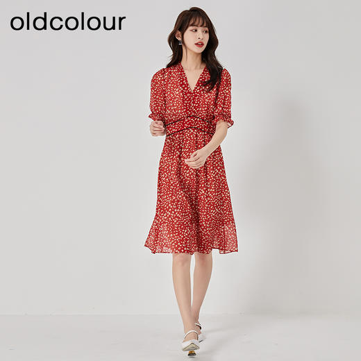 oldcolour2023夏季新款法式复古高腰雪纺红色碎花连衣裙O23101342 商品图2