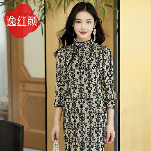 逸红颜东野2025春秋新款弹力薄针织旗袍改良版连衣裙女立领七分袖 商品图0