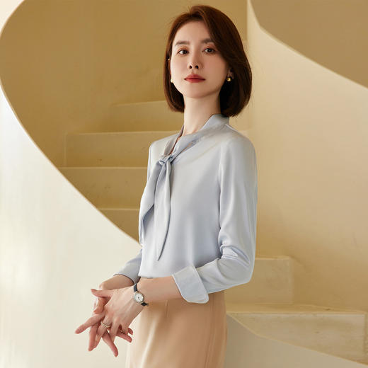 【气质系带领】罗蒙春夏女装长袖衬衫女士休闲百搭商务通勤套头气质飘带缎面衬衣 商品图6