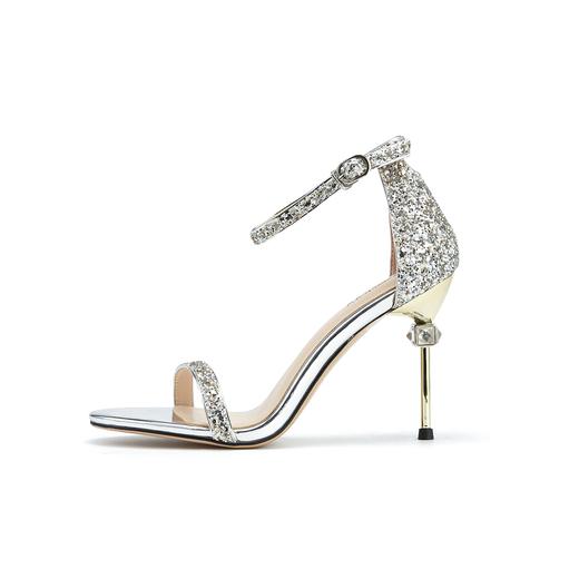 westory女鞋夏季方头凉鞋高跟细跟银色饰扣交叉绑带凉鞋61721 商品图2