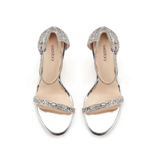 westory女鞋夏季方头凉鞋高跟细跟银色饰扣交叉绑带凉鞋61721 商品图1