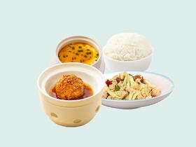 红烧狮子头+小炒花菜+小葱蒸鸡蛋+米饭