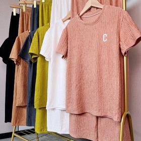 千叶套装女春夏字母刺绣薄款大码短袖短款休闲宽松弹力居家两件套