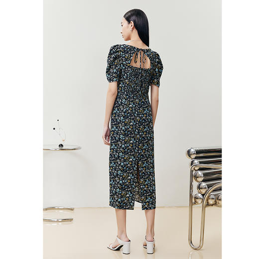 NEELLY纳俪商场同款碎花连衣裙女中长款抽褶拼接泡泡袖A字茶歇裙N23044Y04413 商品图3