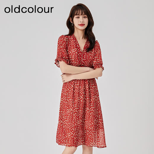 oldcolour2023夏季新款法式复古高腰雪纺红色碎花连衣裙O23101342 商品图3