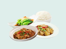 毛豆米烧鸡+咸肉瓠子+豉油菜心+米饭