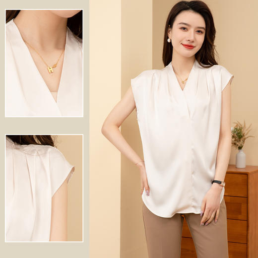 罗蒙夏季女装V领缎面衬衫无袖设计优雅时尚知性百搭衬衣女 商品图2