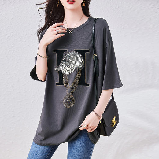 SMZ5532高端短袖T恤夏季2023新款大码胖mm中长款宽松遮肚藏肉显瘦上衣女 商品图0