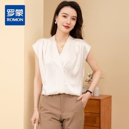 罗蒙夏季女装V领缎面衬衫无袖设计优雅时尚知性百搭衬衣女 商品图0