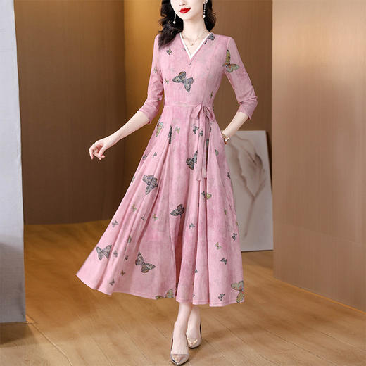 DD-连衣裙女2023夏季新款时尚洋气粉色法式V领显带感显中长款 商品图1