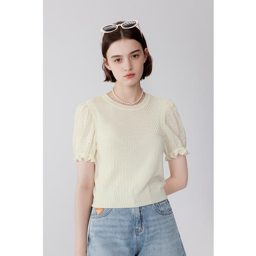 【严选】诗凡黎夏刺绣花边圆领针梭拼套头衫7E5131311 商品图0