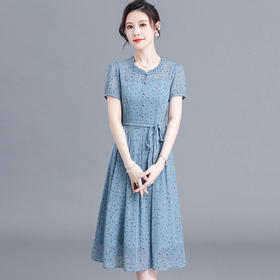 时尚中长款系带收腰，蓝色印花连衣裙QYM-R6611-1-Y