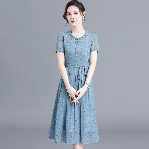 时尚中长款系带收腰，蓝色印花连衣裙QYM-R6611-1-Y 商品图0