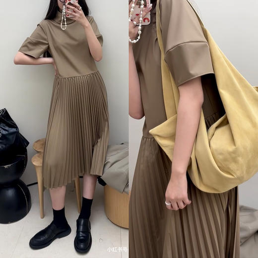 HIDEMI极简设计感廓形袖百褶连衣裙 卡其色/黑色 商品图1