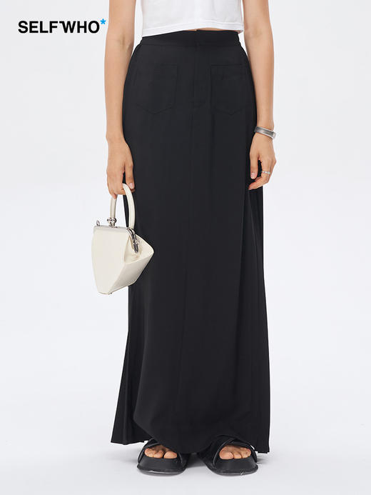 Self Who黑色凉感半身裙2023新款夏季中长款垂坠感高腰宽松裙子女 商品图0