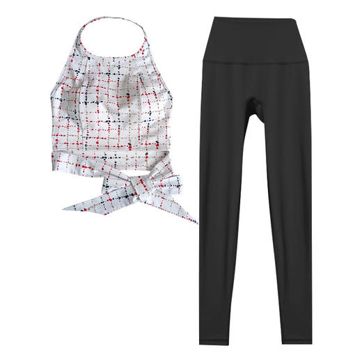 【皮尔新品】2024帛扬挂脖时尚印花瑜伽套装女夏季新款蝴蝶结绑带普拉提健身两件套 商品图4