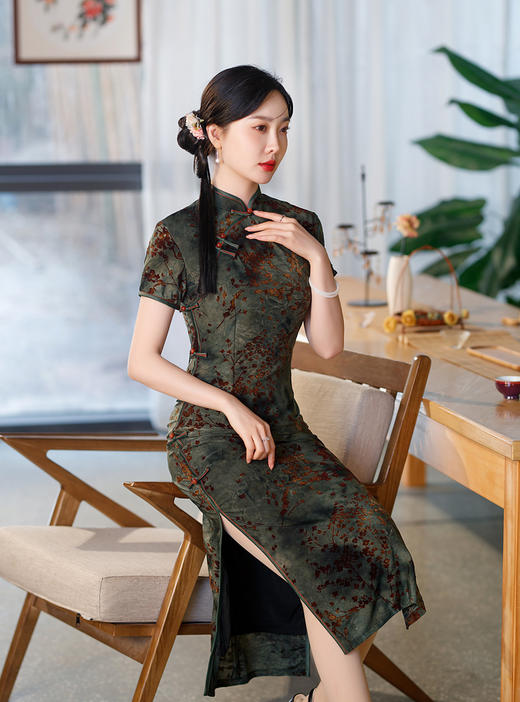 ZAYS-5176改良长款植绒旗袍日常复古老上海修身气质旗袍裙 商品图9