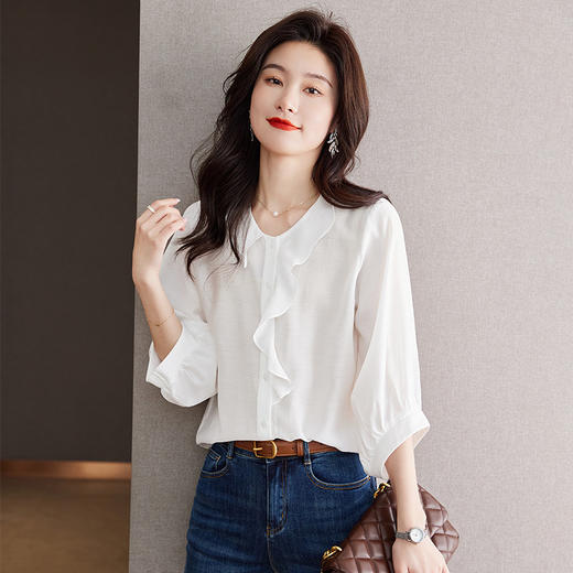 夏季女士雪纺衬衫女夏装2023新款荷叶边上衣薄别致七分袖小衫CC-J3367 商品图0