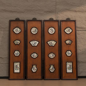 清 红木镶楠木嵌瓷板粉彩仕女人物四条屏