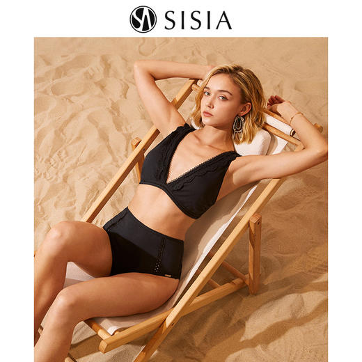 sisia2023新款泳衣女夏款深v性感黑色高腰海岛度假分体比基尼泳衣 商品图0