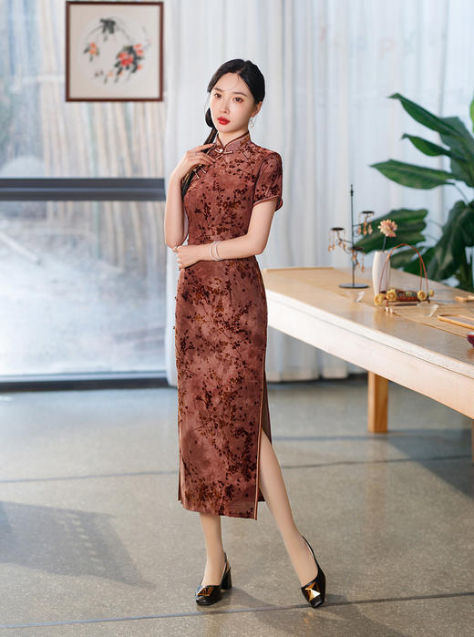 ZAYS-5176改良长款植绒旗袍日常复古老上海修身气质旗袍裙 商品图7