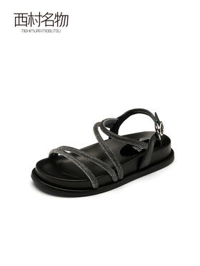 西村名物2023夏季新款气质水钻法式平底通勤百搭爆款时尚女款凉鞋23201