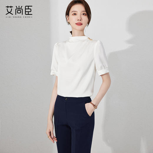 白衬衫女春夏职业修身内搭白色雪纺衬衫半袖工装面试正装套装上衣 商品图1