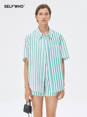 Self Who绿色条纹短袖衬衫女2023新款夏宽松百搭小众别致法式上衣