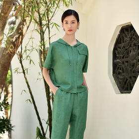 夏季新款 100%桑蚕丝真丝连帽莨绸衬衣女E32CS60