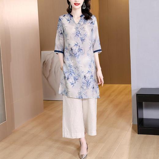 中国风复古墨竹印花上衣阔腿裤两件套NYL9596 商品图1