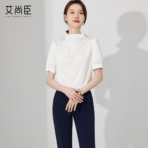 白衬衫女春夏职业修身内搭白色雪纺衬衫半袖工装面试正装套装上衣 商品图3