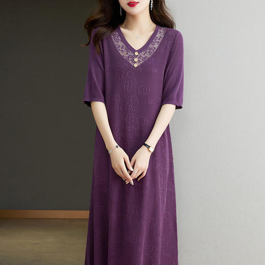 中年妈妈短袖裙子洋气长裙V领冰丝针织连衣裙CC-tbrk-6636 商品图8