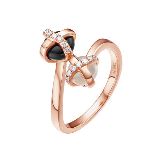 ［结·锁系列］18K玫瑰金镶钻黑玉髓月光石戒指 商品图0