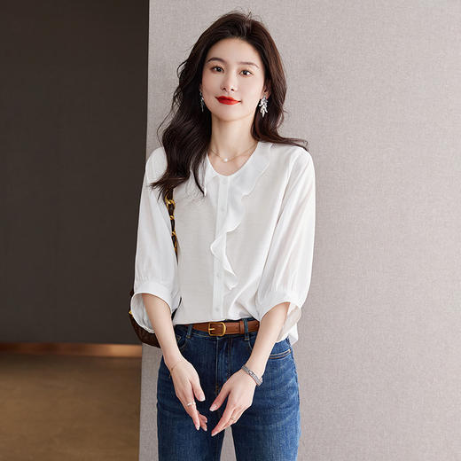 夏季女士雪纺衬衫女夏装2023新款荷叶边上衣薄别致七分袖小衫CC-J3367 商品图3