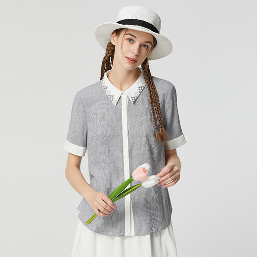 famecoco范可儿文艺复古棉麻衬衫女夏款撞色刺绣翻领小衫FAB3BH011 商品图0