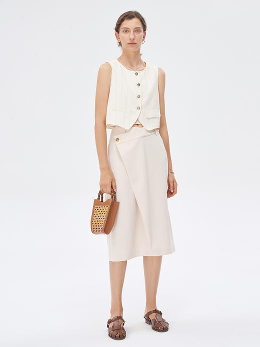 Self Who米白色不对称半身裙2023新款夏季高腰显瘦中长款开叉裙子 商品图2