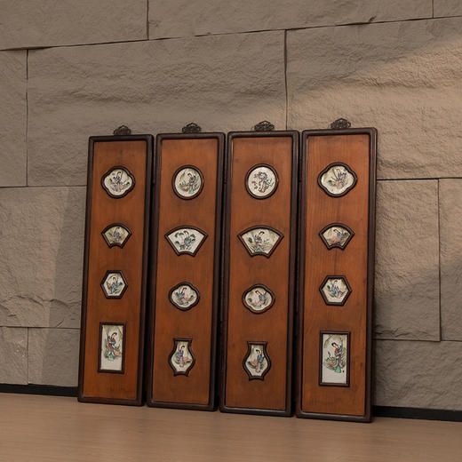 清 红木镶楠木嵌瓷板粉彩仕女人物四条屏 商品图4