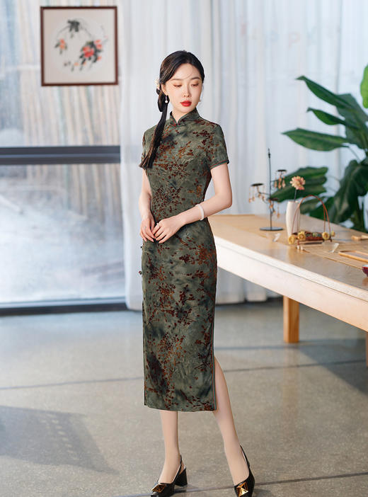 ZAYS-5176改良长款植绒旗袍日常复古老上海修身气质旗袍裙 商品图3