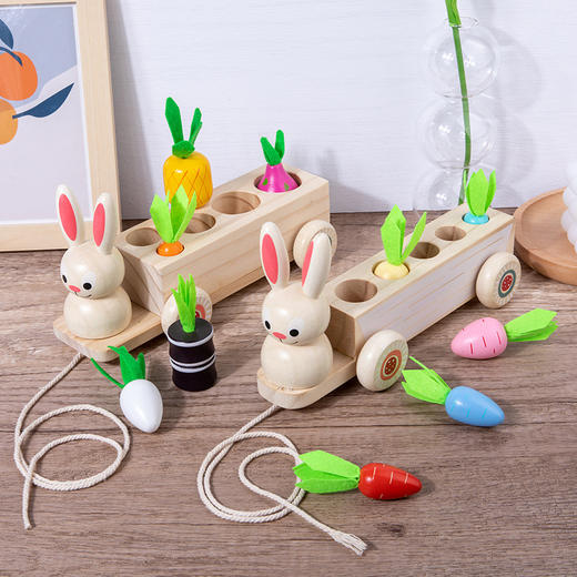 *【母婴用品】木制儿童益智早教玩具创意二合一拔萝卜兔子拉车水果配对玩具 商品图0