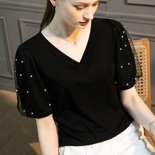 雀说凉感冰棉v领t恤女新款短袖体恤网纱钉珠泡泡袖法式上衣AL J185 商品图2