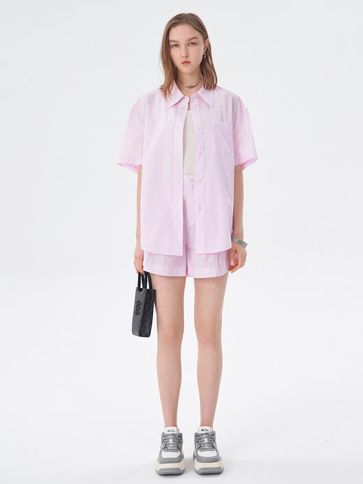 Self Who纯棉定制粉色条纹短裤女2023新款夏季宽松A字阔腿五分裤 商品图3