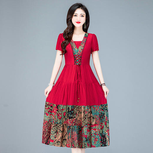 时尚民族风，复古撞色抽绳收腰长款连衣裙QYM-YJY-23AF50-L 商品图0