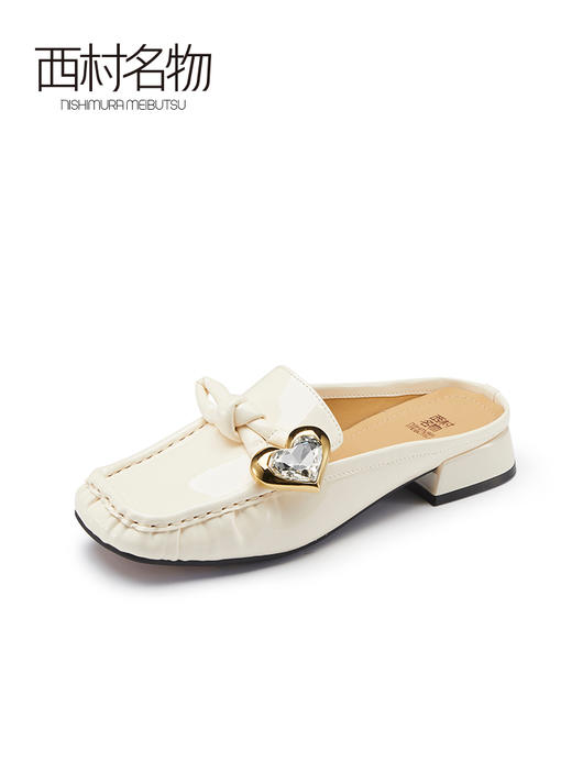 西村名物2023夏季新款真皮蝴蝶结水钻方头气质平底穆勒鞋女13291 商品图0