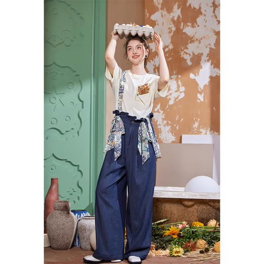 两三事梵高 穿花引蝶  2025年新款复古印花布背带牛仔裤女宽松 商品图1