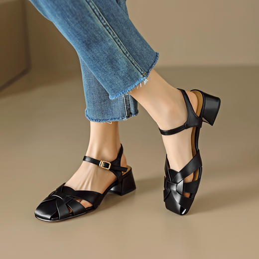 时尚减龄，纯色编织真皮粗跟凉鞋OFSM-OF6559-1 商品图8