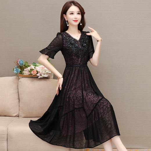 时尚妈妈装黑色高腰提花大摆A字裙喇叭袖连衣裙QYM-HSY-E23A009-Y 商品图2