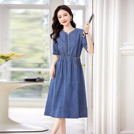 HR WX23509牛仔连衣裙韩版时尚休闲抽绳收腰显瘦A字裙 商品图2