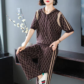 夏季新款，冰丝休闲运动套装女短袖宽松卫衣薄款妈妈装阔腿裤两件套CC-10-1817