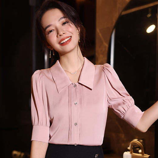 TC 12007真丝衬衫纯色气质桑蚕丝翻领设计感上衣小衫 商品图0